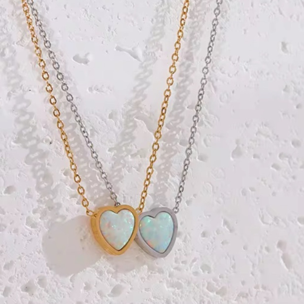 18K White Gold White Fire Opal Heart Natural Gemstone Minimalist Necklace Dainty - Picture 4 of 6